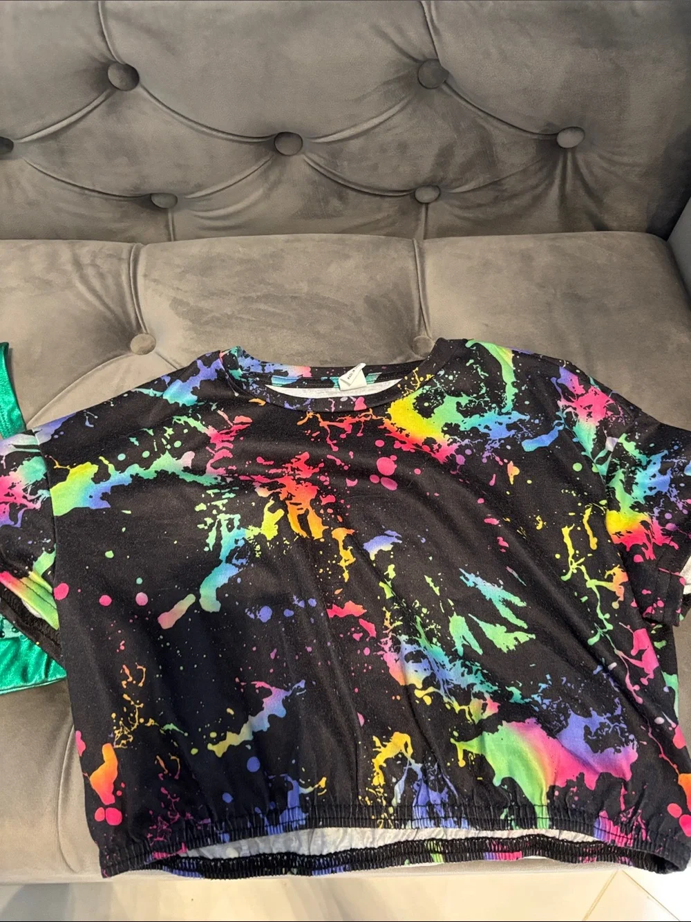 Green Sequin Crop Top & Black Neon Splash Shirt Set